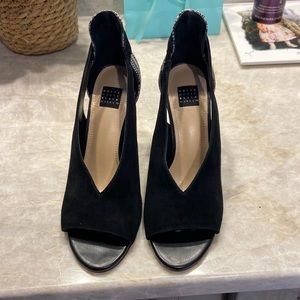 Black suede/Snake print open toe dress pumps.